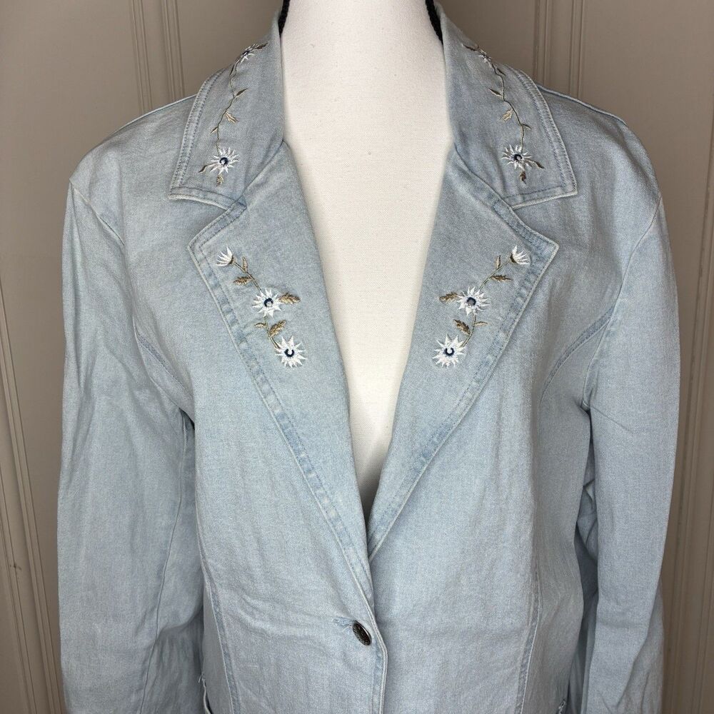 Denim & Co embroidered denim blazer jacket women's Lrg light wash floral cotton